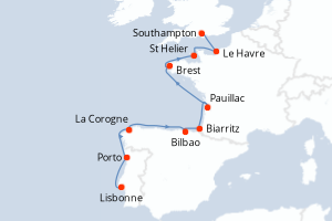 Carte itinéraire croisière - 11 jours au départ de Lisbonne - Europe du Nord