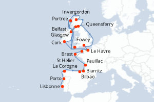 Carte itinéraire croisière - 22 jours au départ de Lisbonne - Europe du Nord