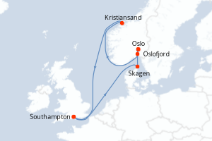 Carte itinéraire croisière - 7 jours au départ de Southampton - Europe du Nord