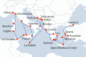 Carte itinéraire croisière - 29 jours au départ de Genes - Méditerranée