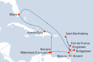 Carte itinéraire croisière - 15 jours au départ de Miami - Caraïbes Bahamas