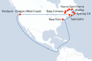 Carte itinéraire croisière  - 15 jours au départ de New York - Amérique du Nord