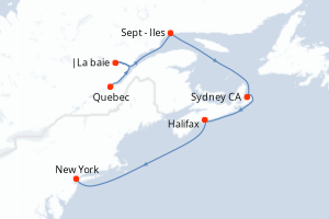 Carte itinéraire croisière  - 7 jours au départ de Quebec - Amérique du Nord