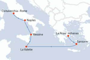 Carte itinéraire croisière - 6 jours au départ de Le Piree - Athenes - Méditerranée