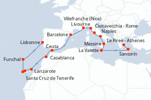 Carte itinéraire croisière - 22 jours au départ de Le Piree - Athenes - Atlantique