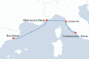 Carte itinéraire croisière - 4 jours au départ de Civitavecchia - Rome - Méditerranée
