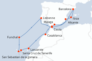 Carte itinéraire croisière - 19 jours au départ de Barcelone - Méditerranée