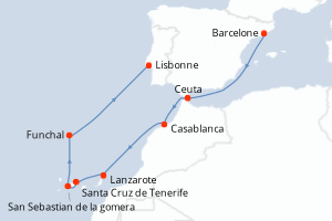 Carte itinéraire croisière - 12 jours au départ de Barcelone - Atlantique