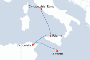 Carte itinéraire croisière - 4 jours au départ de La Valette - Méditerranée