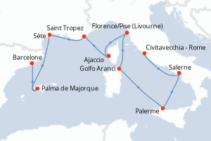 Carte itinéraire croisière - 10 jours au départ de Civitavecchia - Rome - Méditerranée