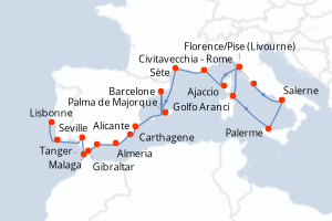 Carte itinéraire croisière - 20 jours au départ de Civitavecchia - Rome - Atlantique