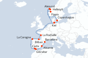 Carte itinéraire croisière - 18 jours au départ de Barcelone - Europe du Nord