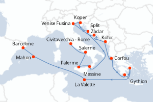 Carte itinéraire croisière  - 17 jours au départ de Civitavecchia - Rome - Méditerranée