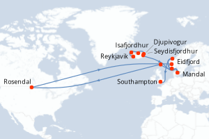 Carte itinéraire croisière - 12 jours au départ de Reykjavik - Europe du Nord