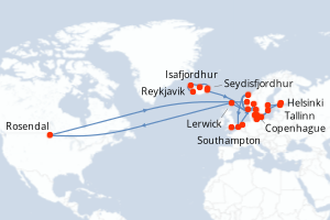 Carte itinéraire croisière - 26 jours au départ de Reykjavik - Europe du Nord