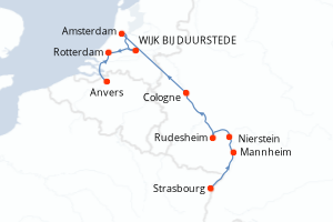 Carte itinéraire croisière Croisière de Strasbourg à Anvers : le Rhin romantique et la Hollande - 9 jours au départ de Strasbourg - Europe du Nord