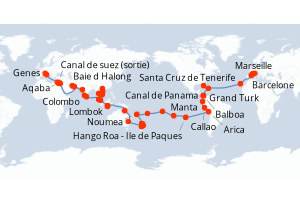 Carte itinéraire croisière - 115 jours au départ de Genes - Tour du Monde