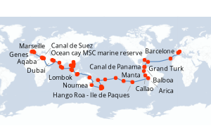 Carte itinéraire croisière - 115 jours au départ de Marseille - Tour du Monde