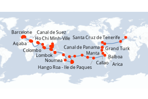 Carte itinéraire croisière - 115 jours au départ de Barcelone - Tour du Monde