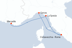 Carte itinéraire croisière - 3 jours au départ de Genes - Méditerranée