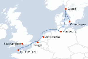 Carte itinéraire croisière  - 8 jours au départ de Southampton - Europe du Nord