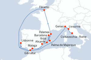 Carte itinéraire croisière  - 14 jours au départ de Lisbonne - Méditerranée