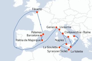Carte itinéraire croisière  - 17 jours au départ de Barcelone - Méditerranée