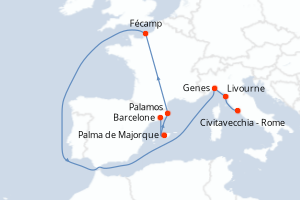 Carte itinéraire croisière  - 7 jours au départ de Barcelone - Méditerranée