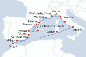 Carte itinéraire croisière  - 19 jours au départ de Civitavecchia - Rome - Méditerranée