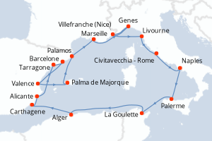 Carte itinéraire croisière - 18 jours au départ de Barcelone - Méditerranée