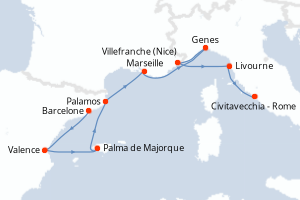 Carte itinéraire croisière - 9 jours au départ de Barcelone - Méditerranée