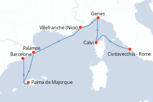 Carte itinéraire croisière - 7 jours au départ de Civitavecchia - Rome - Méditerranée