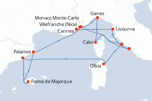 Carte itinéraire croisière  - 14 jours au départ de Civitavecchia - Rome - Méditerranée