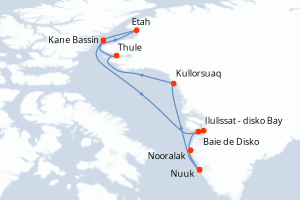 Carte itinéraire croisière - 18 jours au départ de Nuuk - Gröenland