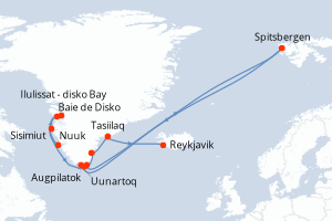Carte itinéraire croisière - 15 jours au départ de Nuuk - Europe du Nord