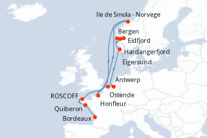 Carte itinéraire croisière - 11 jours au départ de Bergen - Europe du Nord