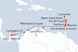Carte itinéraire croisière - 12 jours au départ de Fort de France - Riviera Mexicaine
