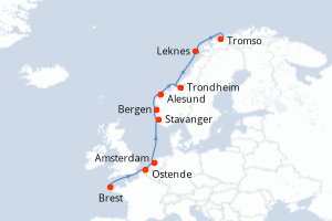 Carte itinéraire croisière - 11 jours au départ de Brest - Europe du Nord
