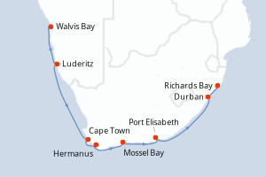 Carte itinéraire croisière - 11 jours au départ de Walvis Bay - Afrique du Sud