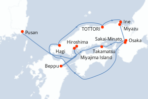 Carte itinéraire croisière - 8 jours au départ de Osaka - Asie
