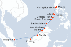 Carte itinéraire croisière - 12 jours au départ de Singapour - Asie