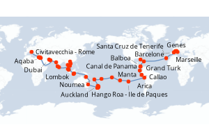 Carte itinéraire croisière - 115 jours au départ de Civitavecchia - Rome - Tour du Monde