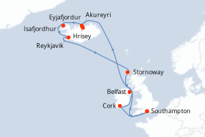 Carte itinéraire croisière - 14 jours au départ de Southampton - Europe du Nord