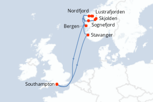 Carte itinéraire croisière - 7 jours au départ de Southampton - Europe du Nord