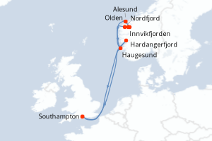 Carte itinéraire croisière - 7 jours au départ de Southampton - Europe du Nord