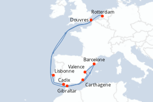 Carte itinéraire croisière - 14 jours au départ de Rotterdam - Europe du Nord