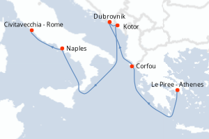 Carte itinéraire croisière - 7 jours au départ de Le Piree - Athenes - Méditerranée
