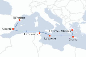 Carte itinéraire croisière - 7 jours au départ de Barcelone - Méditerranée
