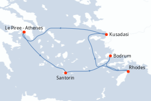 Carte itinéraire croisière - 7 jours au départ de Le Piree - Athenes - Méditerranée