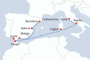 Carte itinéraire croisière - 9 jours au départ de Barcelone - Méditerranée